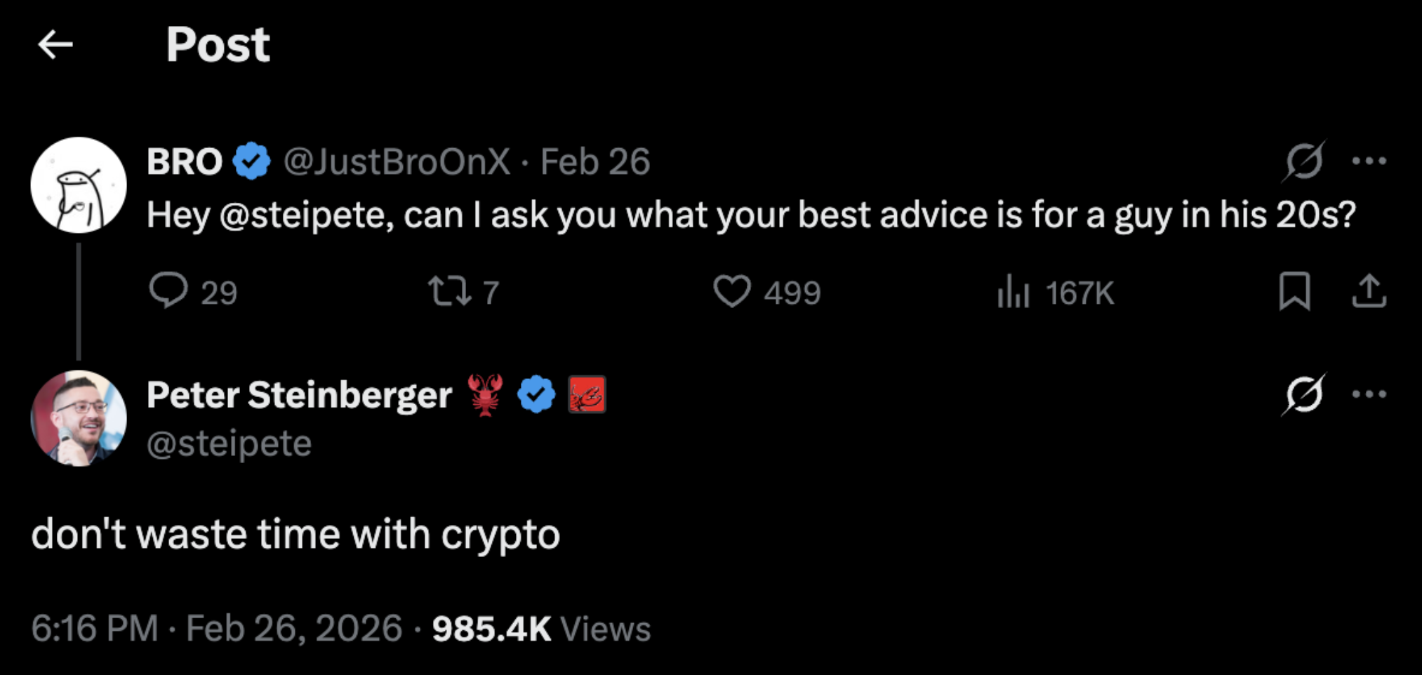 Peter Steinberger tweet: don't waste time with crypto